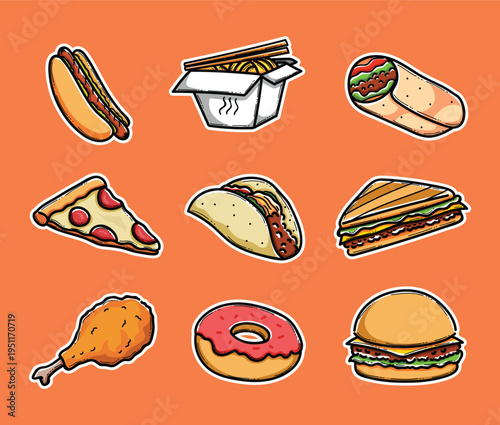 Fast Food Cartoon Stickers Set With Burger, Pizza, Taco, Donut and Noodle Illustration