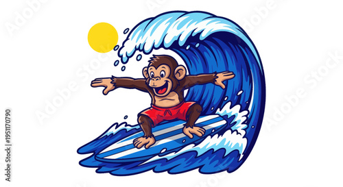 Happy Monkey Surfing Big Wave, Summer Fun, Beach Vacation, Ocean Sport