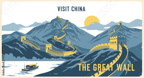Visit China: The Great Wall scenic landscape illustration with mountains and sun