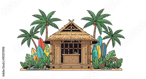 Tropical Beach Hut with Surfboards and Palm Trees, Island Getaway