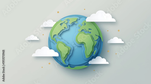 Papercut Earth illustration surrounded by soft clouds and subtle dots, symbolizing global harmony and environmental awareness