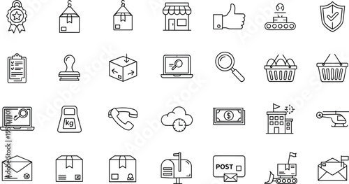 Set of outline icons for e-commerce logistics shipping delivery online shopping retail business warehouse distribution and postal services