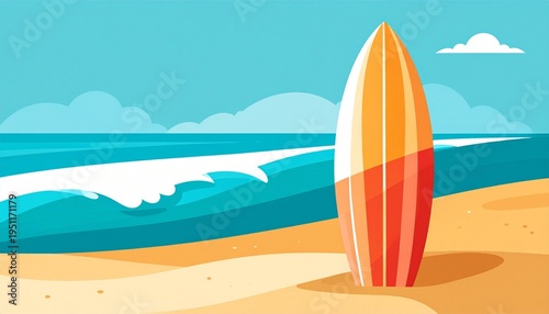 Vibrant surfboard standing on a sunny beach with ocean waves and blue sky background in a flat illustration style for summer holidays