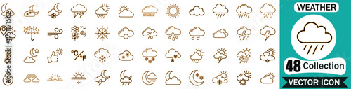Comprehensive Set of 48 Weather Icons Featuring Clouds Sun Rain Snow Wind and Storm Symbols for Professional Meteorological Applications and Digital Interface Design Elements