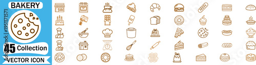 Set of 45 bakery and dessert line icons featuring bread, cakes, cookies, and kitchen tools for professional food business design projects