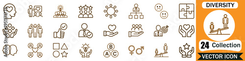 Set of human resource and diversity management icons featuring professional business concepts in a clean outline vector style for corporate communications and modern web design projects