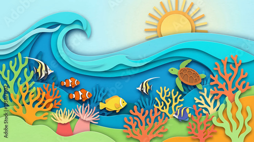 Papercut ocean scene depicts a vibrant underwater world with colorful fish, a sea turtle, and coral reefs under sunlit waves