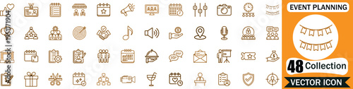 Set of 48 event planning vector icons featuring professional business, conference, marketing, and celebration symbols for modern web design and digital project management applications
