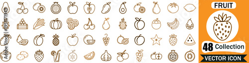 Set of 48 fruit and vegetable line art icons featuring various healthy food products for nutrition design projects and culinary apps