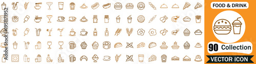Comprehensive Set of Ninety Food and Drink Vector Icons Featuring Delicious Meals Snacks Beverages and Dessert Illustrations for Culinary Design Projects and Professional Restaurant Menus