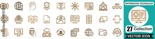 Set of 27 information technology and digital communication line vector icons for web design software development and network infrastructure concepts in a flat brown style