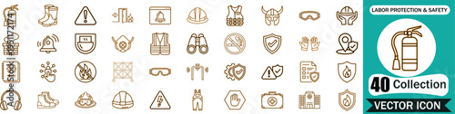 Set of 40 labor protection and industrial safety outline vector icons featuring fire equipment personal protective gear and warning symbols for professional workplace safety design projects