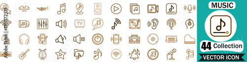 Comprehensive collection of forty-four music and audio thin line vector icons suitable for digital interface design, web development, mobile applications, and professional multimedia creative projects