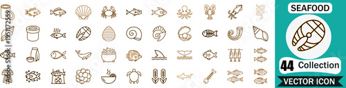 Set of  seafood line icons featuring fish, shellfish, crustaceans, and marine animals for restaurant menus, food packaging, and culinary design projects