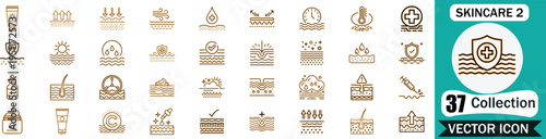Set of skincare and dermatology line icons featuring skin treatment, protection, moisture, and cosmetic procedures for professional medical or beauty branding projects and digital graphic design