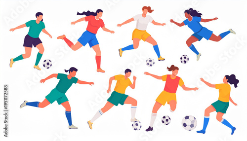 Diverse Female Soccer Players – Dynamic Action Poses Vector Illustration