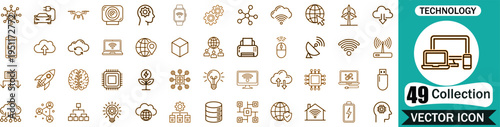 Set of forty nine modern technology line icons including communication digital devices network connectivity and smart computing systems for professional web and mobile application design projects