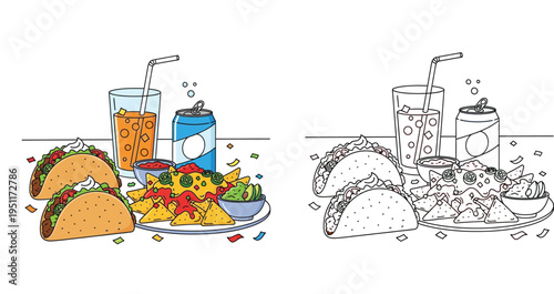 Mexican Fast Food Vector Illustration Side by Side Colorful and Black and White Line Art Coloring Page Featuring Tacos, Nachos, Guacamole and Drinks