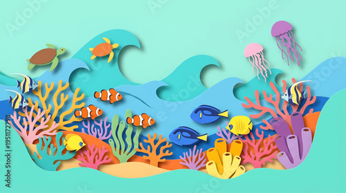 Vibrant Paper Cut Ocean Scene Illustration Featuring Diverse Marine Life and Coral Reefs in a Whimsical Underwater World, Layered Design