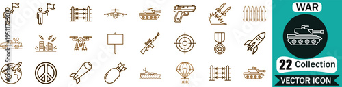 Set of  war and military vector icons featuring tanks, missiles, weapons, and tactical equipment for modern digital design projects