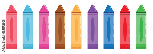 Colorful Crayons elements clipart set. Multicolored wax Crayons clip art for kinder, preschool and pupils art drawing educational supplies flat elements collection row in white background vector 