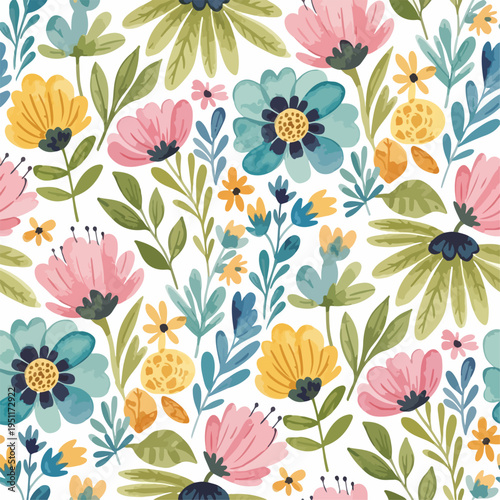 Seamless botanical design with colorful flowers arranged in dynamic flowing layout