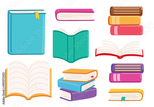 Colorful books drawing clipart set. Textbook with an open and closed page flat drawing icon clip art like dictionary, encyclopedia and dictionary for educational school elements reading materials 