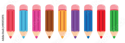 Color Pencil elements clipart set. Multicolored Pencil clip art for educational art materials and drawing elements sharp and wooden object pen collection in white background vector illustration.
