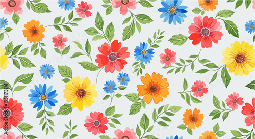 Modern botanical pattern with colorful petals and leaves arranged in rhythmic flow