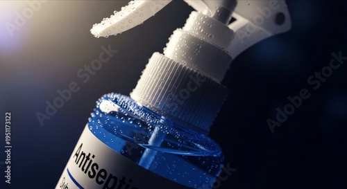 Close-Up of Antiseptic Spray Bottle with Water Droplets
