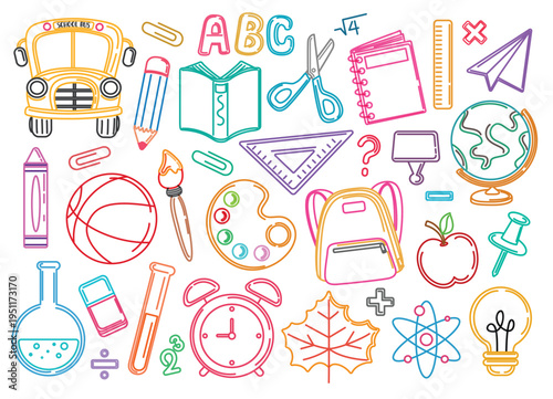 School Elements outline clipart set. Colorful School Elements flat drawing icon clip art like school bus, backpack, globe, ruler, watercolor, bulb, scissor and alarm clock for educational learning 