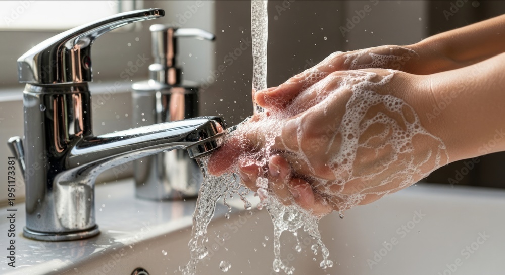 Fototapeta premium Hand Washing with Soap and Water in a Modern Bathroom Setting