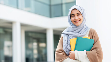 Confident young muslim female student holding books, smiling outdoors on university campus, representing education
