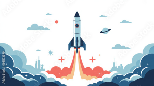 Rocket launching into space with clouds and city skyline below representing startup innovation and exploration flat vector illustration
