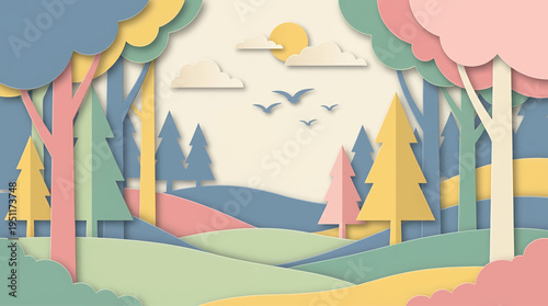 Papercut forest landscape illustration with pastel colors, depicting trees and rolling hills under a bright sky with clouds and birds