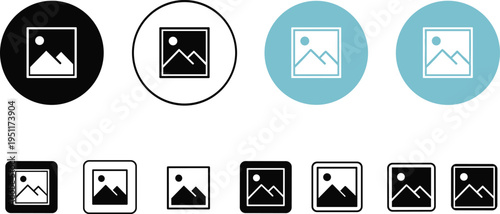 Set of image gallery icons and photo placeholder symbols in circular and square frames for web and interface design