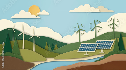 Eco-Friendly Paper Cut Landscape Illustrating Renewable Energy with Wind Turbines and Solar Panels for a Sustainable Future and Green Environment