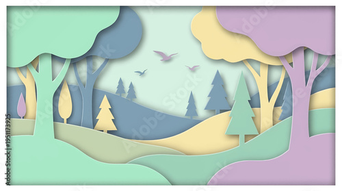 Serene papercut landscape illustration with pastel colors and rolling hills