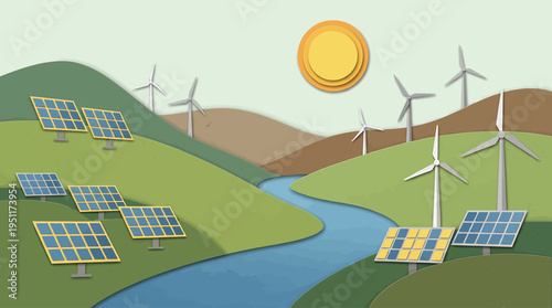 Vibrant Layered Paper Cut Illustration of a Green Landscape with Solar Panels and Wind Turbines, Symbolizing Sustainable Renewable Energy Solutions and a Clean Future