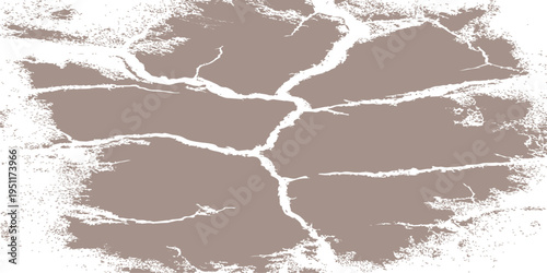 Abstract cracked earth texture with distressed edges, dusty brown soil fracture pattern on white background