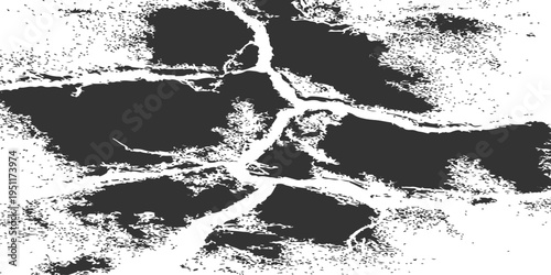 High contrast black and white cracked earth texture, abstract grunge soil pattern, distressed ink splatter background