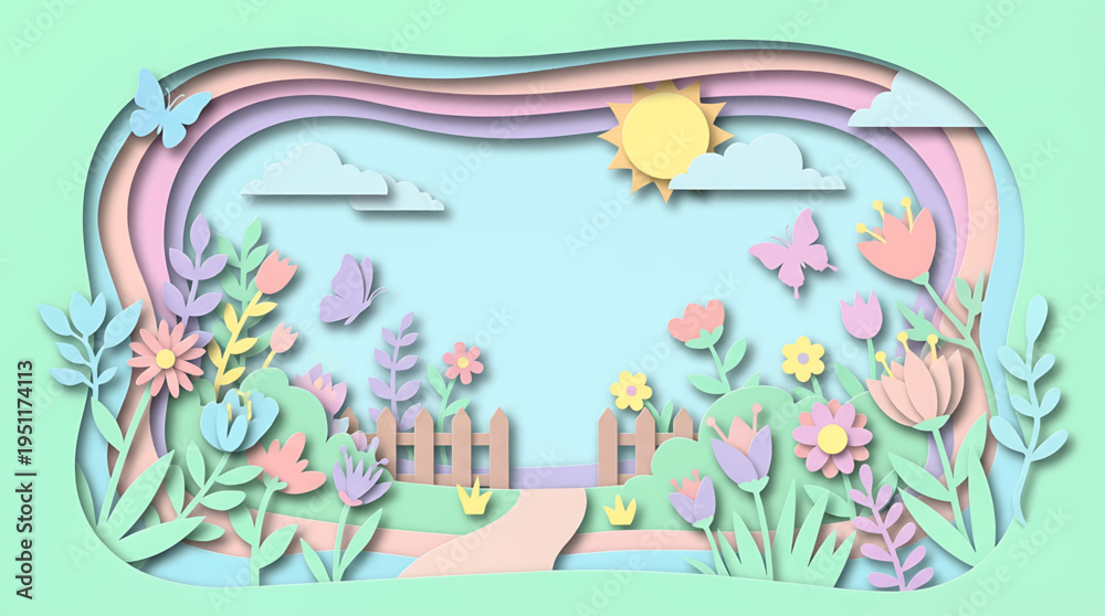 Obraz premium Whimsical Papercut Spring Garden Scene with Layered Pastel Flowers, Butterflies, Sun, and Rainbow – A Serene Fantasy Landscape Illustration