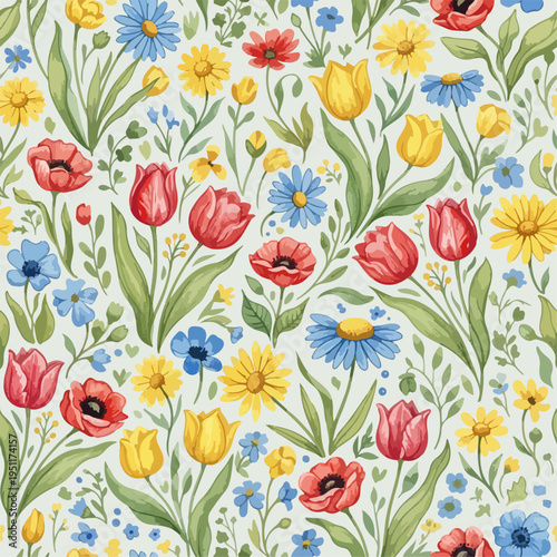 A vibrant botanical tapestry showcasing stylized blossoms in a balanced arrangement