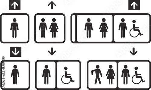 Elevator Icons Showing Men Women Disabled People and Directional Arrows man icon woman icon