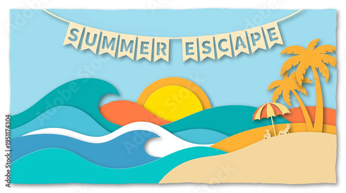 Papercut Summer Escape A Beach Vacation with Palm Trees, Waves, and a Sun Illustration