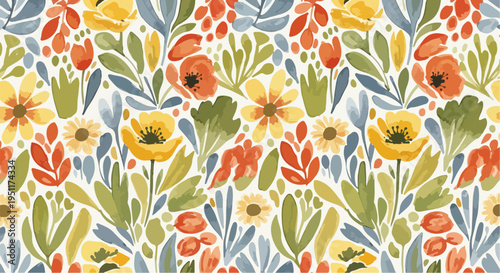 A balanced botanical pattern with stylized flowers and flowing leafy accents