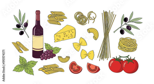 Italian Food Ingredients: Pasta, Wine, Cheese, Tomatoes, Olives, Basil
