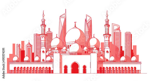 Modern Skyline and Traditional Mosque Silhouette, Dubai Cityscape, UAE Architecture