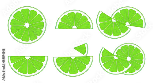 Vibrant Lime Slices and Halves Isolated on White Background