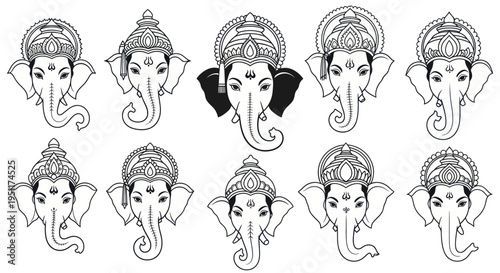 Ganesha Elephant Head God Icons Set - Hindu Deity Vector Art